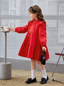 女小童素色荷葉邊娃娃裙 - 紅色 - 查看 6