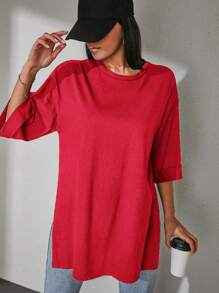 Cottnline 100%Cotton Solid Drop Shoulder Split Hem Tee - Red - View 5