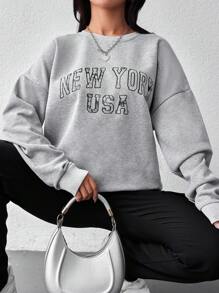 EURMUSE Letter Graphic Drop Shoulder Sweatshirt - Grey - View 3