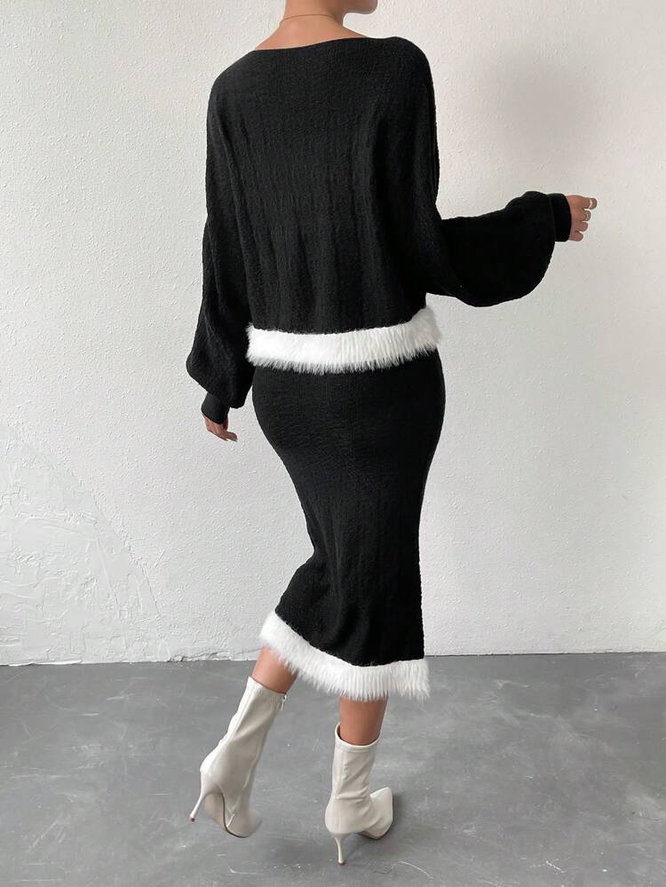 Fuzzy Trim Drop Shoulder Sweater & Knit Skirt