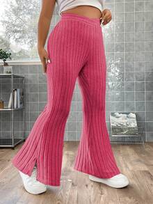 Flirla Hơn Eo chồng lên Viền chia cắt Quần ống loe - Màu Hồng Tươi - Xem 4