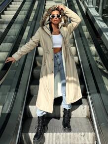 EURMUSE Drawstring Waist Fuzzy Trim Hooded Coat - Beige - View 1