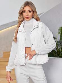 Zip Up Snap Button Vest Padded Coat - White - View 1