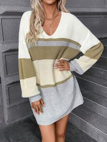 Chiquease Color Block Drop Shoulder Sweater Dress Without Belt - Multicolor - View 5