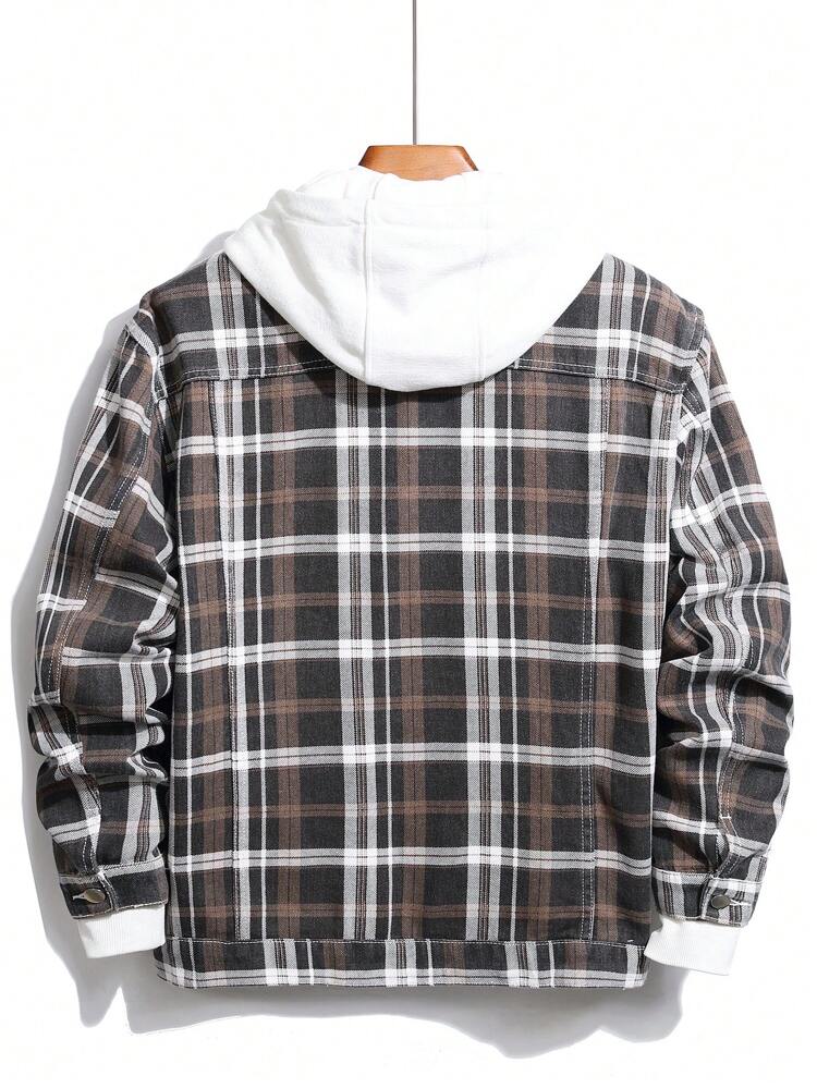 Men Plaid Print Flap Pocket Denim Jacket Without Hoodie