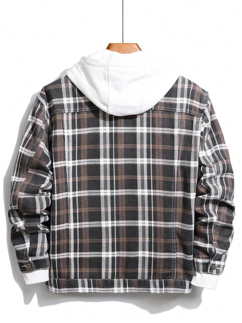 Men Plaid Print Flap Pocket Denim Jacket Without Hoodie