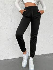 RueChic Drawstring Waist Slant Pocket Joggers - Black - View 4