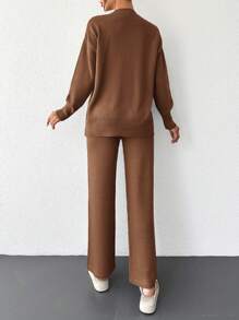 EURMUSE 女裝下垂肩襯衫和毛衣褲套裝 - 棕色 - 查看 2