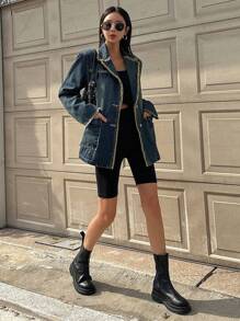 DAZY Raw Trimmed Lapel Neck Denim Coat,Jeans Jacket,Fall Women Clothes - Dark Wash - View 5