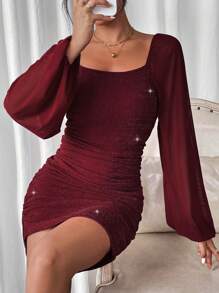 RosyDaze 方领灯笼袖褶饰侧闪粉紧身连衣裙酒红色女装 - 酒紅色 - 查看 6