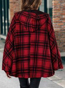 SHEIN ChicEase 格紋印花斗篷袖粗呢大衣 - 紅色 - 查看 2