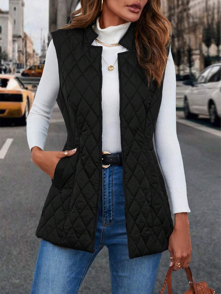 SHEIN LUNE Slant Pocket Open Front Vest Quilted Padded Coat Clothes Winter - Black - View 1