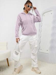 INAWLY 心形印花袋鼠口袋落肩抽绳连帽衫，长袖上衣