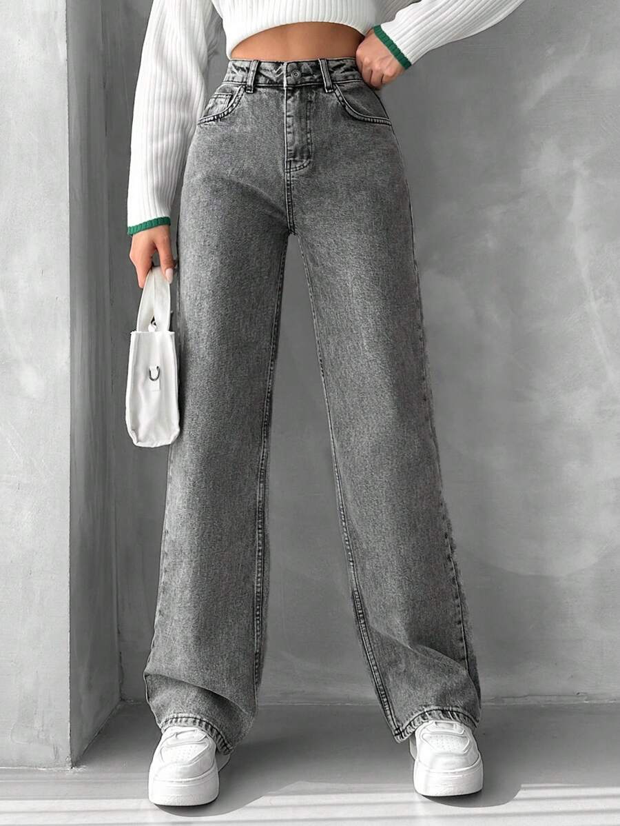 RueChic Quần Jeans Ống Thẳng Cạp Cao - Xám - Xem 1