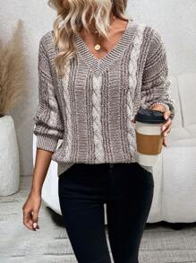 SHEIN LUNE Xoắn Dan Thả vai Áo len - Cà phê nâu - Xem 3