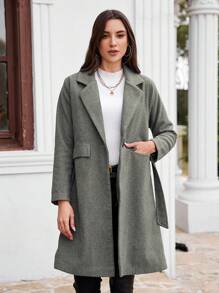 SHEIN Cottnline Lapel Neck Belted Overcoat - Grey - View 4