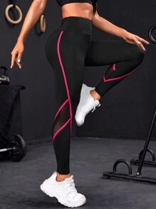 Leggings deportivos de malla en contraste - Negro - Ver 5