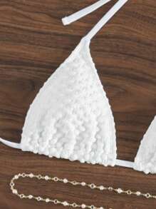 SHEIN Swim Summer Beach Women's Textured Fabric Halter Neck Bikini Set - White - View 5