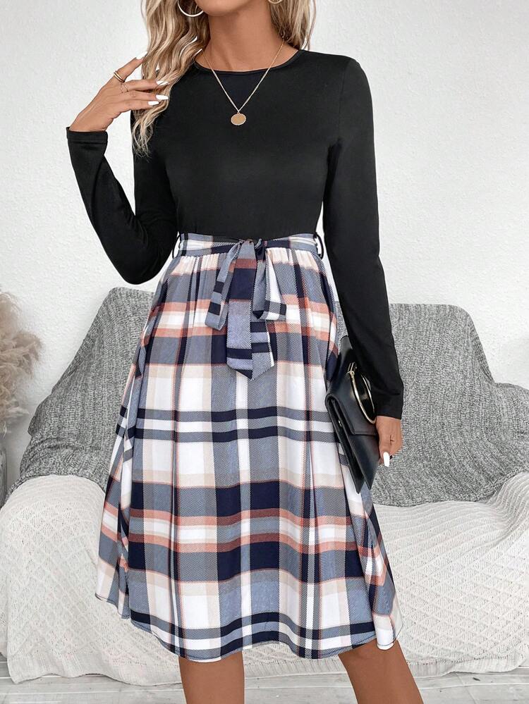 Plaid Print Belted Dress Fall Cloth For Women