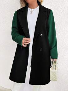 SHEIN LUNE Plus Two Tone Lapel Neck Double Breasted Overcoat Fall Cloth For Women - Black - View 3