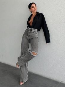 EURMUSE Women's Distressed High Waisted Jeans - Grey - View 4