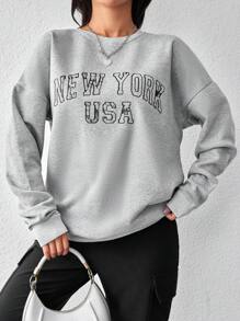 EURMUSE Letter Graphic Drop Shoulder Sweatshirt - Grey - View 1