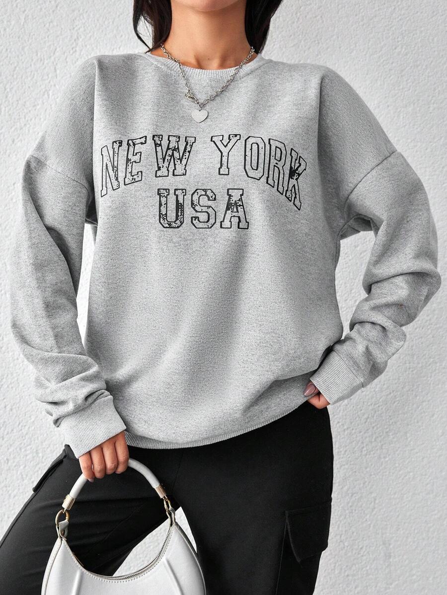 EURMUSE Letter Graphic Drop Shoulder Sweatshirt - Grey - View 1