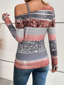 SHEIN LUNE 色塊拼接圖案鏈條細節不對稱領T恤 - 彩色 - 查看 3