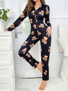 Bear Print Lettuce Trim Button Front Sleep Jumpsuit, Cozy And Elegant Details, Fall & Winter - Black - View 3