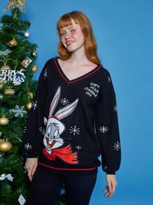 LOONEY TUNES X SHEIN Christmas Pattern Drop Shoulder Sweater - Black - View 3