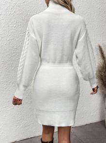 Chiquease 高領麻花編織落肩袖毛衣洋裝不附腰帶 - 白色 - 查看 2