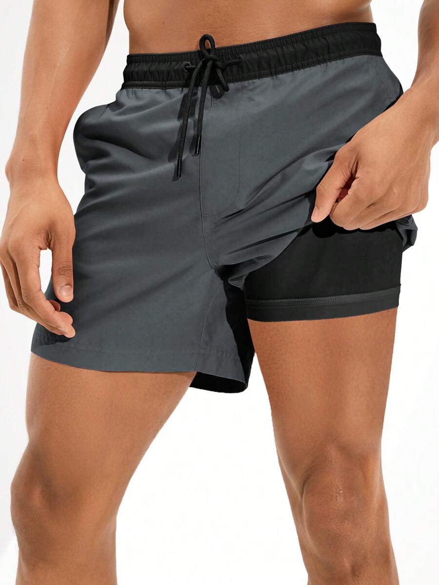 Manfinity KASUA Men Letter Graphic Drawstring Waist Swim Trunks & Compression Liner Milk Silk Lining,Hawaiian - Dark Grey - View 1