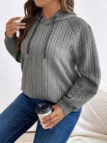 SHEIN LUNE 加大码麻花针织插肩袖抽绳卫衣 - 灰色 - 查看 4