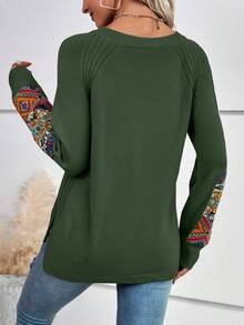 EMERY ROSE 幾何圖案插肩袖套頭毛衣 - 軍綠色 - 查看 2