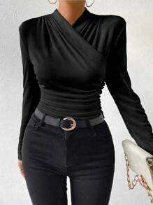 Chiquease Solid Surplice Neck Ruched Side Tee