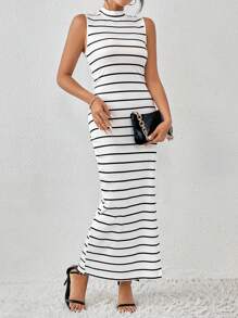 SHEIN Privé Striped Print Mock Neck Split Hem Dress - White - View 1