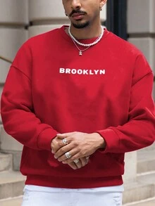 Men Letter Graphic Drop Shoulder Sweatshirt - Red - View 3