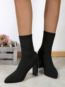 Women's Thick Heel Knit Sock Boots, Pointed Toe Elegant Party&Daily Short Booties, Comfortable Black Boots - Black - View 5