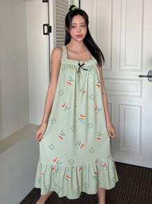 DAZY 卡通圖案褶邊吊帶睡裙