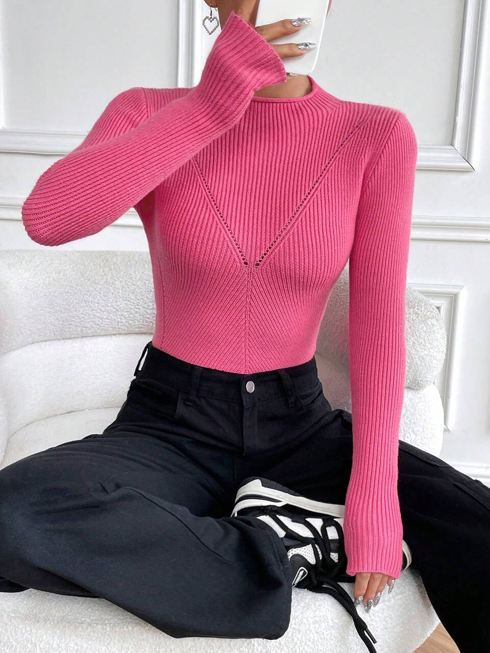 Solid Curved Hem Ribbed Knit Pullover Fall Winter Sweater