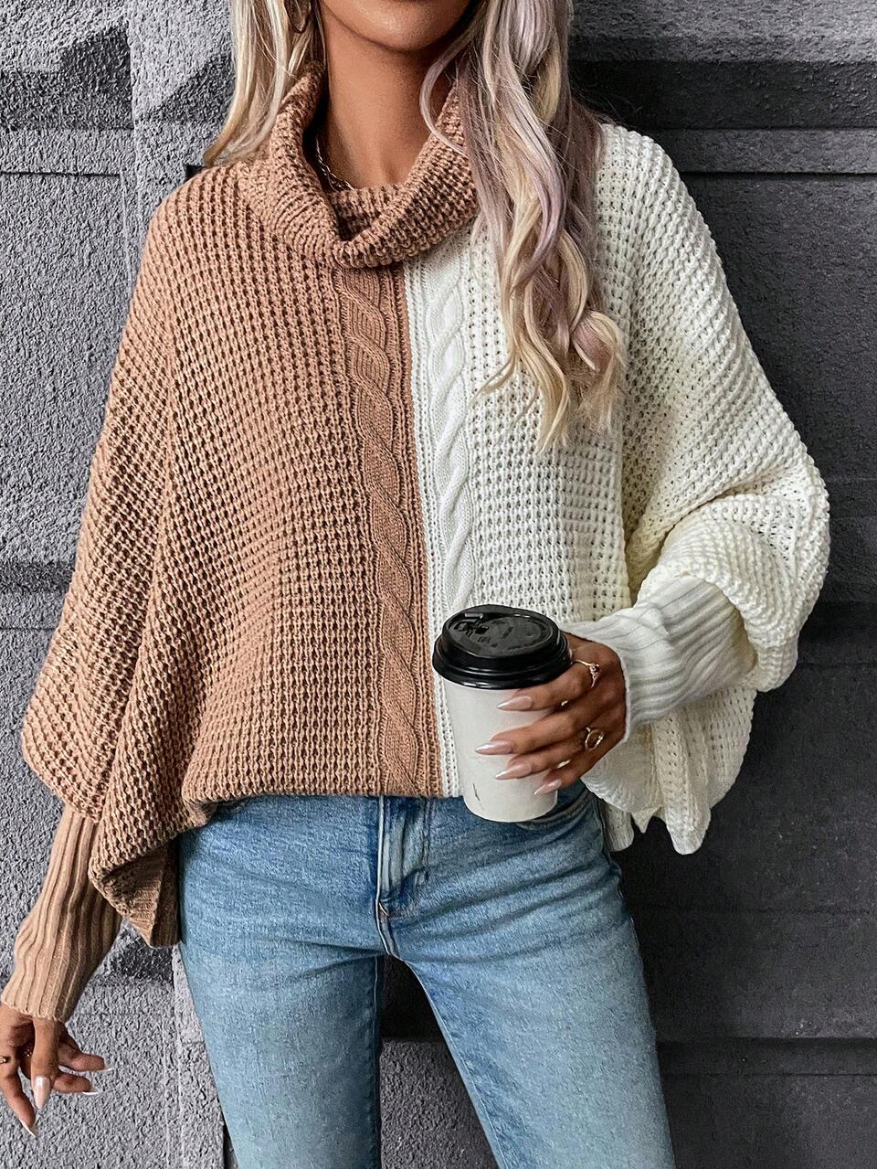 Two Tone Cowl Neck Batwing Sleeve Knit Pullover Fall Winter Sweater