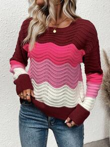 SHEIN LUNE 撞色網眼針織落肩袖套頭毛衣 - 彩色 - 查看 4