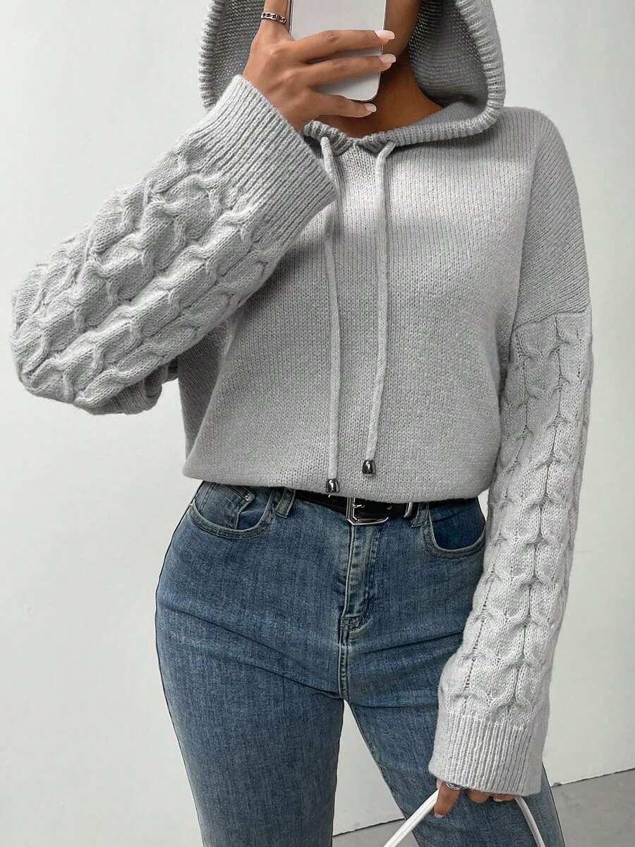 SHEIN Essnce 麻花編織落肩袖抽繩連帽套頭毛衣 - 灰色 - 查看 1