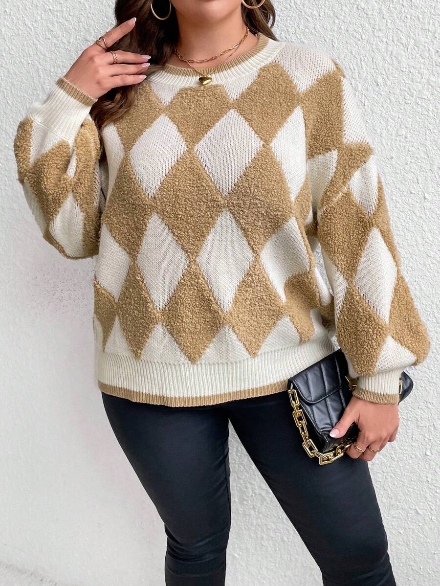 Celure Plus Argyle Pattern Drop Shoulder Sweater Knit Pullover Fall Winter Outfit