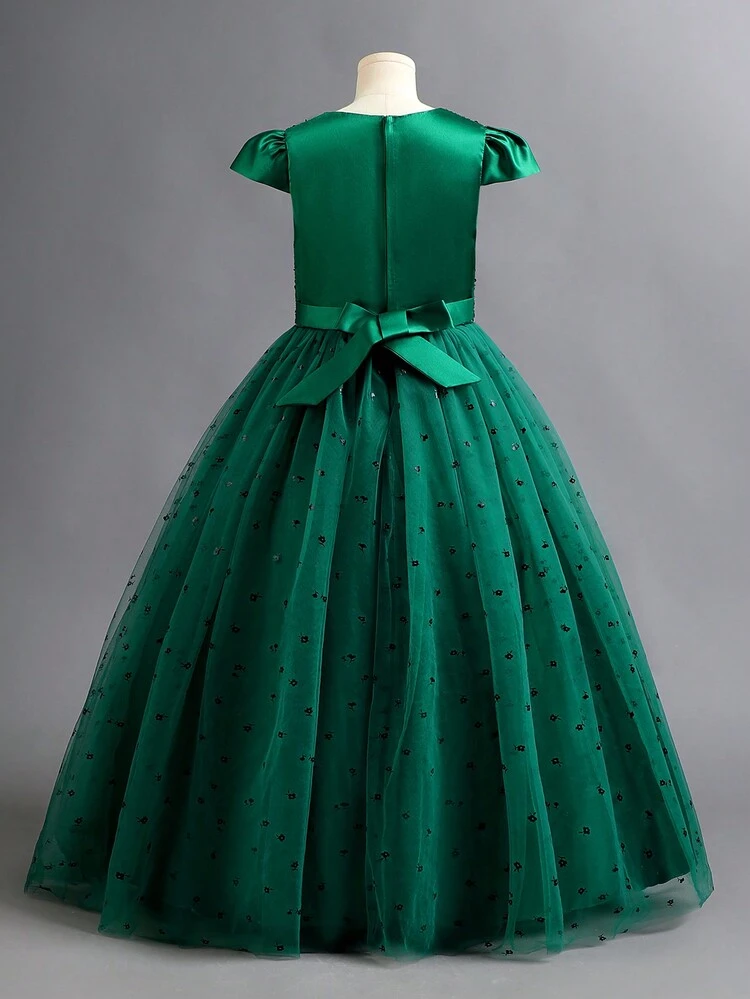 Tween Girl Sequin Panel Mesh Overlay Gown Dress