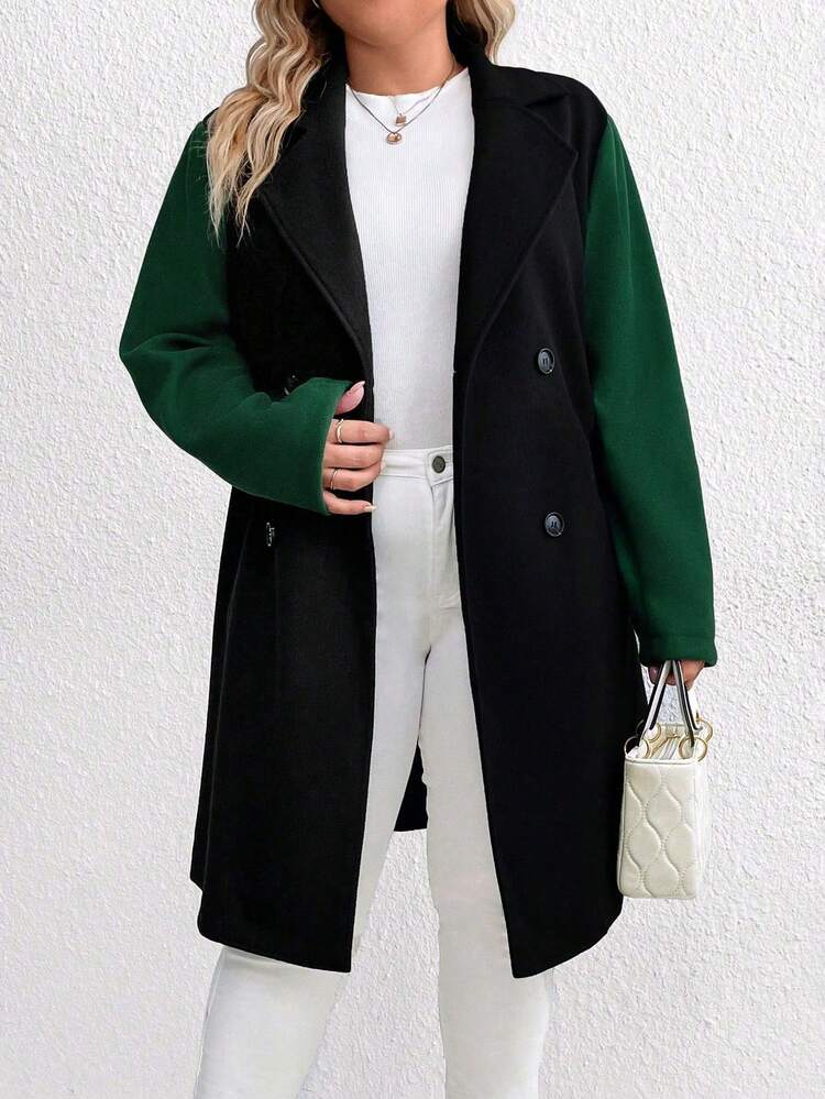 Plus Two Tone Lapel Neck Double Breasted Overcoat Fall Cloth For Women