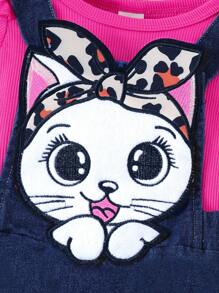 Baby Girl Ruffle Trim Tee & Cartoon Graphic Overall Dress & Headband - Hot Pink - View 5