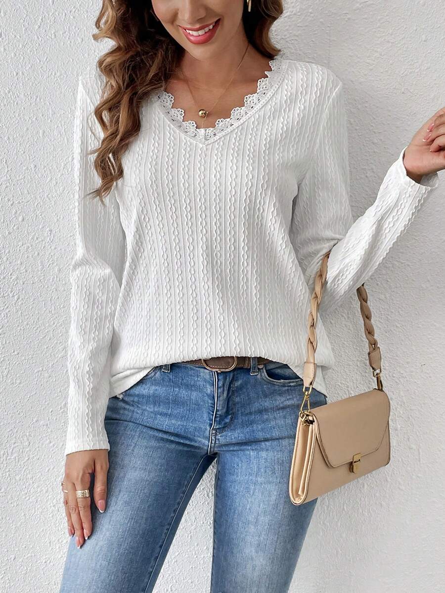 SHEIN LUNE 女士蕾絲邊波浪紋紗緞t恤