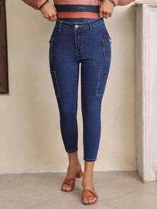 SHEIN PETITE Túi vá Bên Quần jean ôm - Rửa tối - Xem 6
