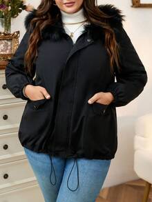 Calvaya 大码毛绒装饰连帽抽绳下摆加厚棉服外套冬季 - 黑色 - 查看 5